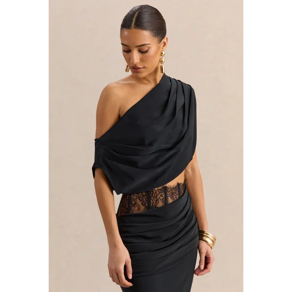 Yaselle | Top court noir en satin à encolure asymétrique