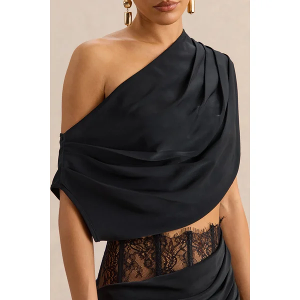 Yaselle | Top court noir en satin à encolure asymétrique