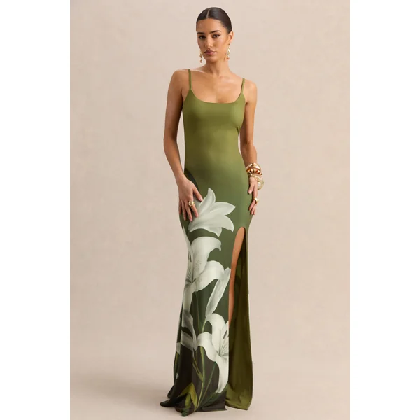 Yasmine | Robe longue à encolure carrée et fente haute sur le devant à imprimé lys olive