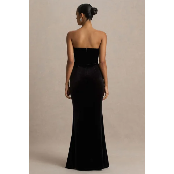 Yolanda | Robe longue noire en velours à décolleté en cœur