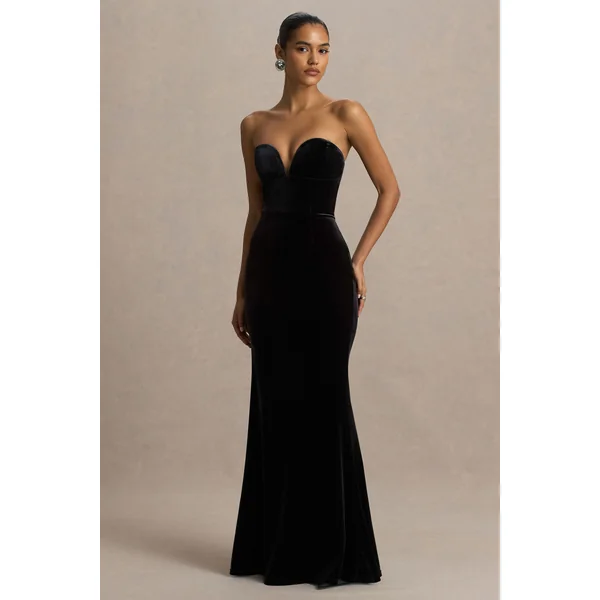 Yolanda | Robe longue noire en velours à décolleté en cœur