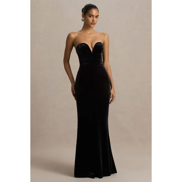 Yolanda | Robe longue noire en velours à décolleté en cœur