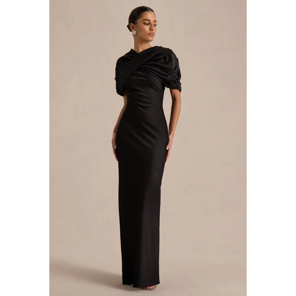 Yoli | Robe longue en satin noir avec cape torsadée amovible