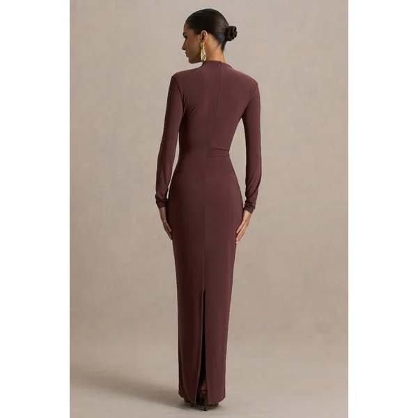 Zadie | Robe longue marron à col montant avec détails froncé