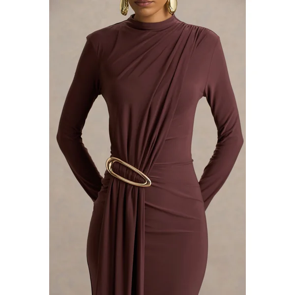 Zadie | Robe longue marron à col montant avec détails froncé