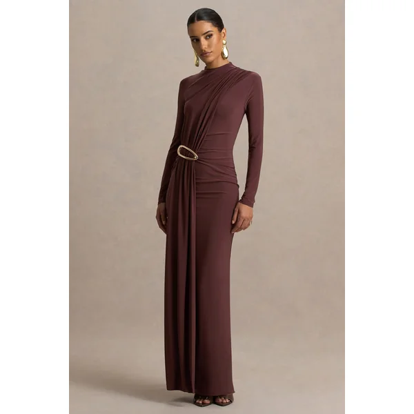 Zadie | Robe longue marron à col montant avec détails froncé