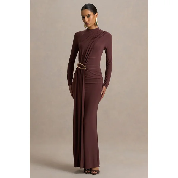 Zadie | Robe longue marron à col montant avec détails froncé