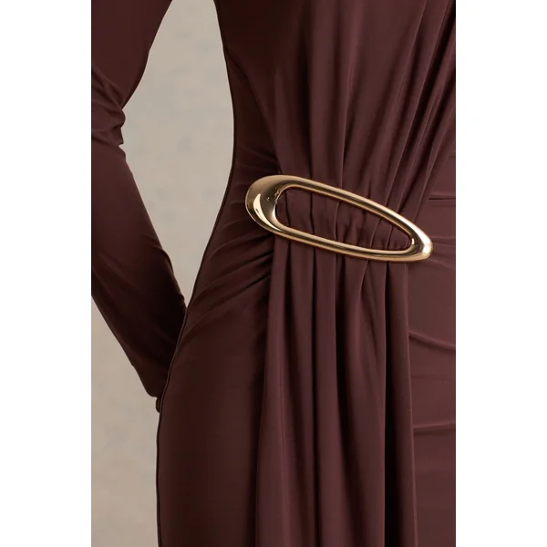 Zadie | Robe longue marron à col montant avec détails froncé