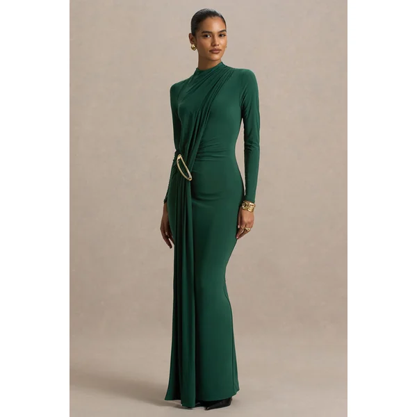 Zadie | Robe mi-longue sarcelle à col montant avec détails froncés