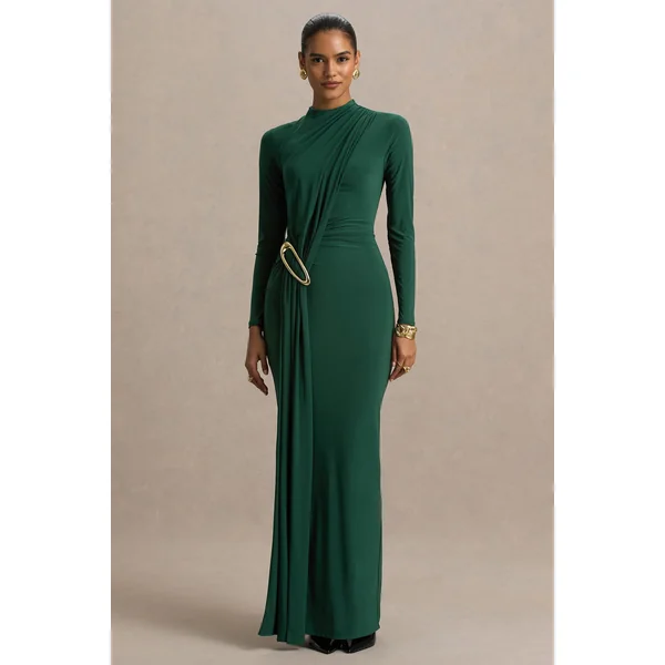 Zadie | Robe mi-longue sarcelle à col montant avec détails froncés