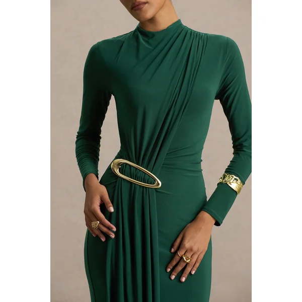 Zadie | Robe mi-longue sarcelle à col montant avec détails froncés