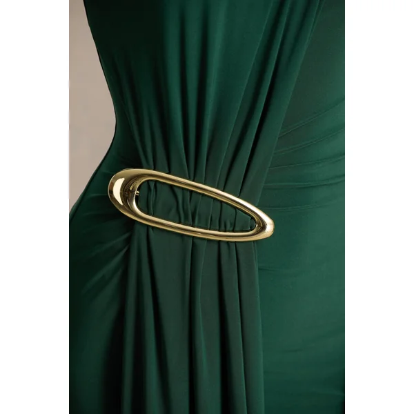 Zadie | Robe mi-longue sarcelle à col montant avec détails froncés