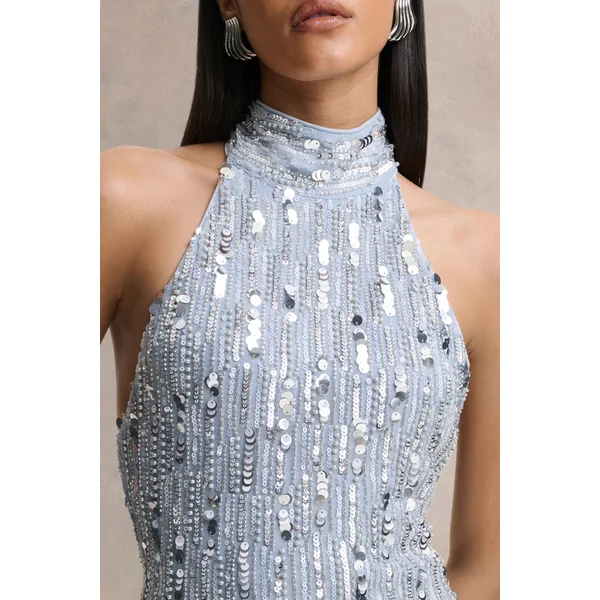 Zaira | Robe longue en sequins argentée à col montant et dos nu