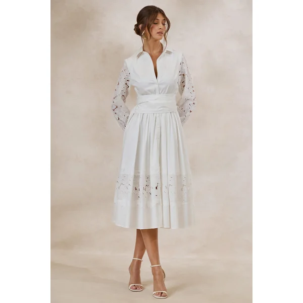 Zalynne | Robe mi-longue blanche à col chemise