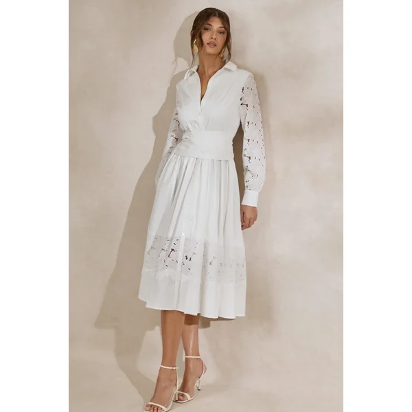 Zalynne | Robe mi-longue blanche à col chemise