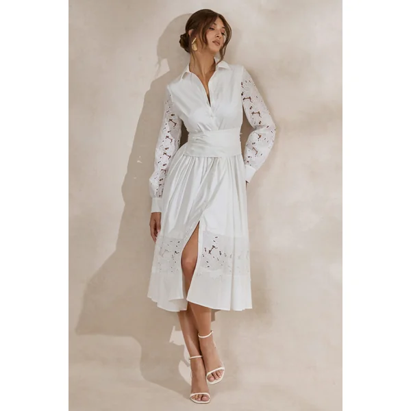 Zalynne | Robe mi-longue blanche à col chemise