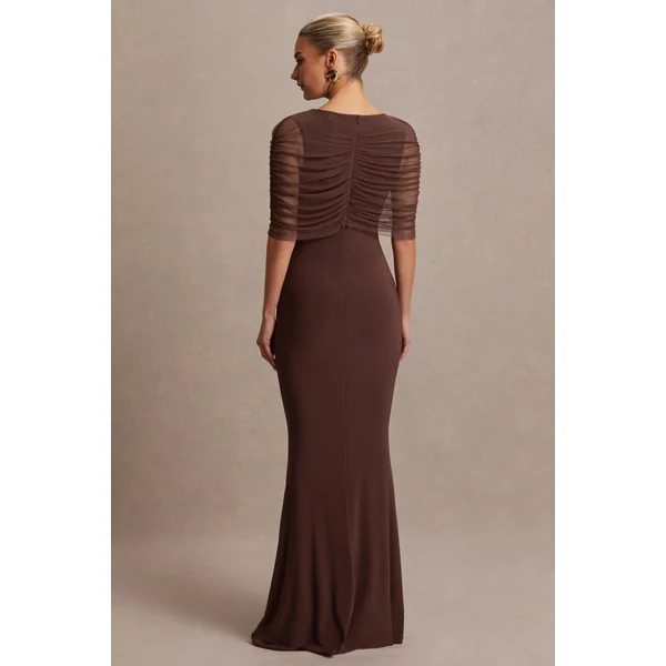 Zaria | Robe longue de maternité marron à encolure ras-du-cou avec cape superposée