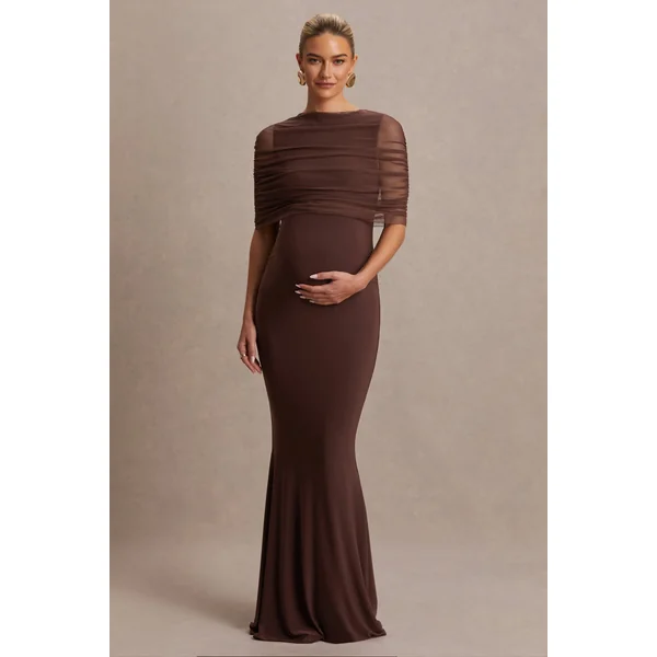 Zaria | Robe longue de maternité marron à encolure ras-du-cou avec cape superposée