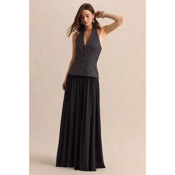 Zarina | Robe longue à décolleté plongeant noire et blanche à pois