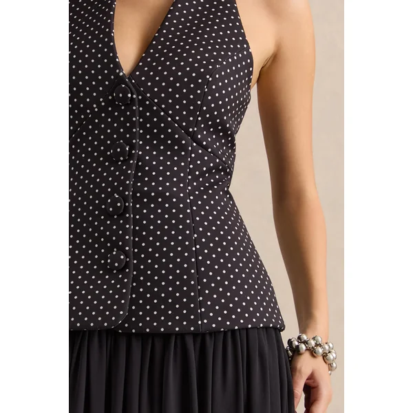 Zarina | Robe longue à décolleté plongeant noire et blanche à pois