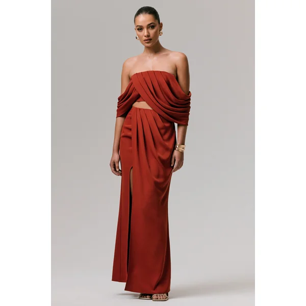 Zelina | Jupe longue taille mi-haute terracotta avec fente