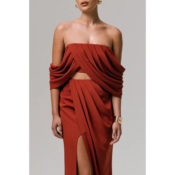 Zelina | Jupe longue taille mi-haute terracotta avec fente