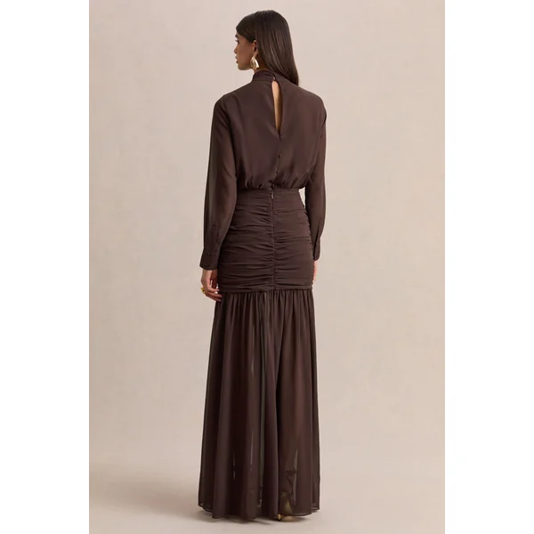 Zella | Robe longue marron à encolure montante avec jupe transparente