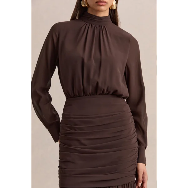 Zella | Robe longue marron à encolure montante avec jupe transparente
