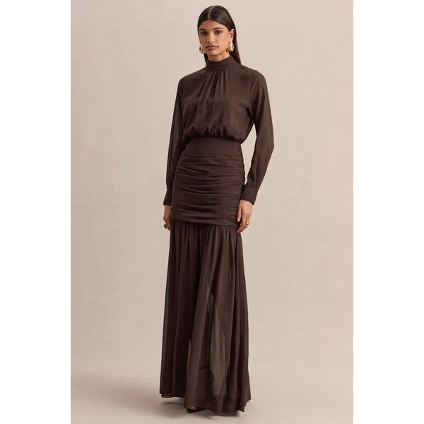 Zella | Robe longue marron à encolure montante avec jupe transparente