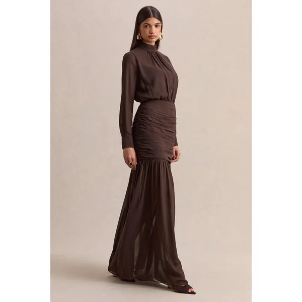 Zella | Robe longue marron à encolure montante avec jupe transparente
