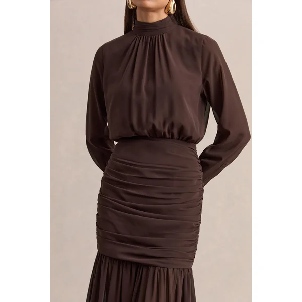 Zella | Robe longue marron à encolure montante avec jupe transparente