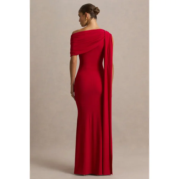 Zendaya | Robe longue sirène rouge à décolleté asymétrique avec cape