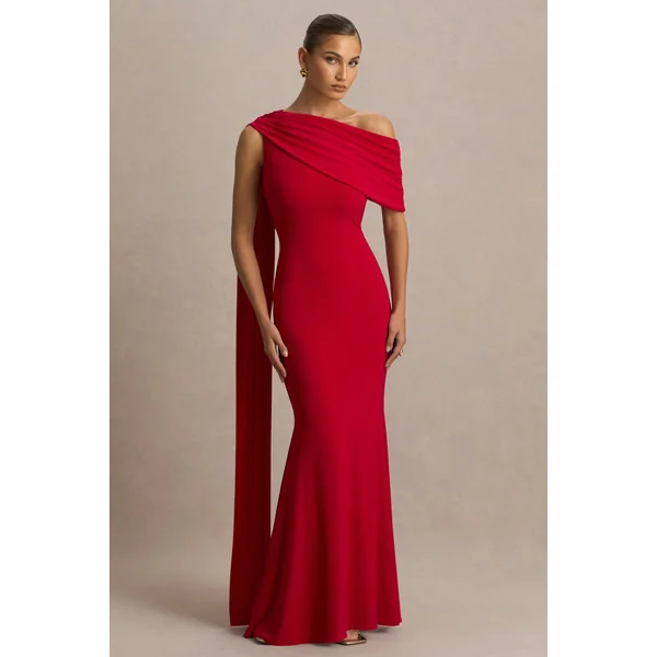 Zendaya | Robe longue sirène rouge à décolleté asymétrique avec cape