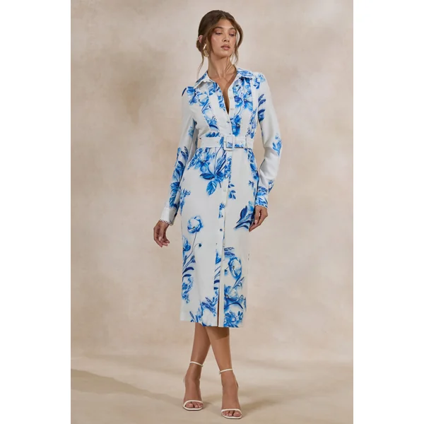 Zephy | Robe chemise mi-longue ceinturée à imprimé floral bleu