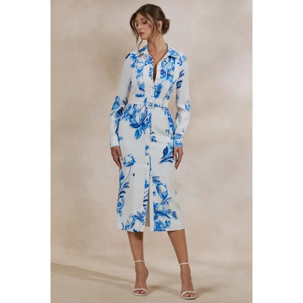 Zephy | Robe chemise mi-longue ceinturée à imprimé floral bleu