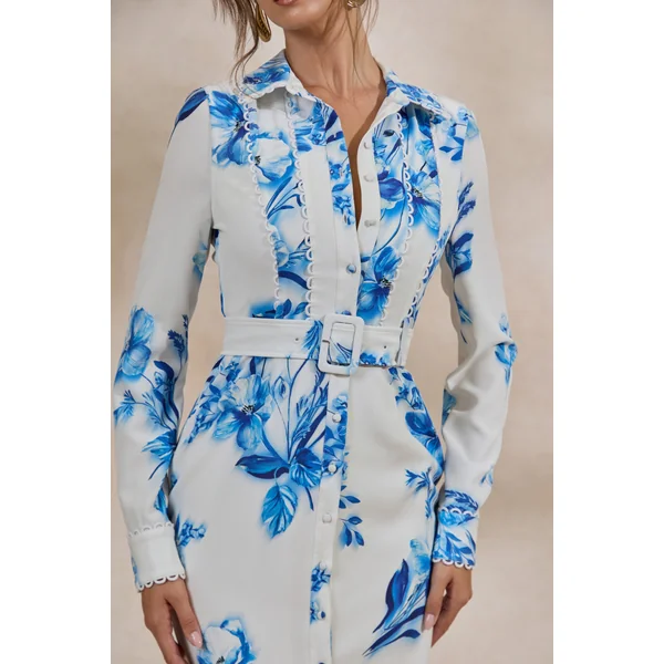 Zephy | Robe chemise mi-longue ceinturée à imprimé floral bleu