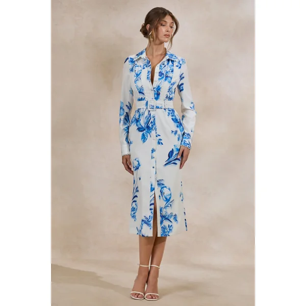 Zephy | Robe chemise mi-longue ceinturée à imprimé floral bleu