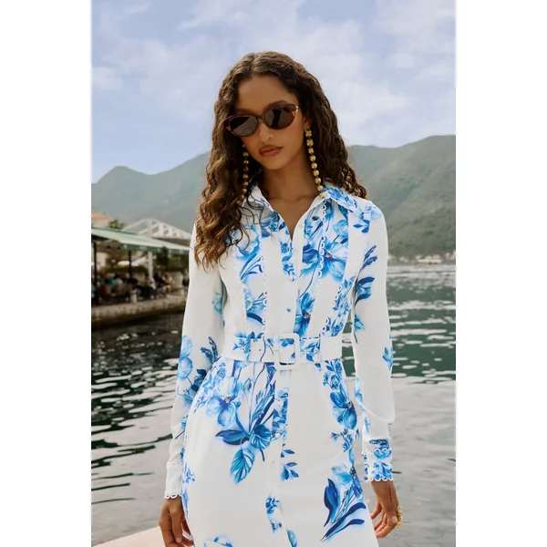 Zephy | Robe chemise mi-longue ceinturée à imprimé floral bleu