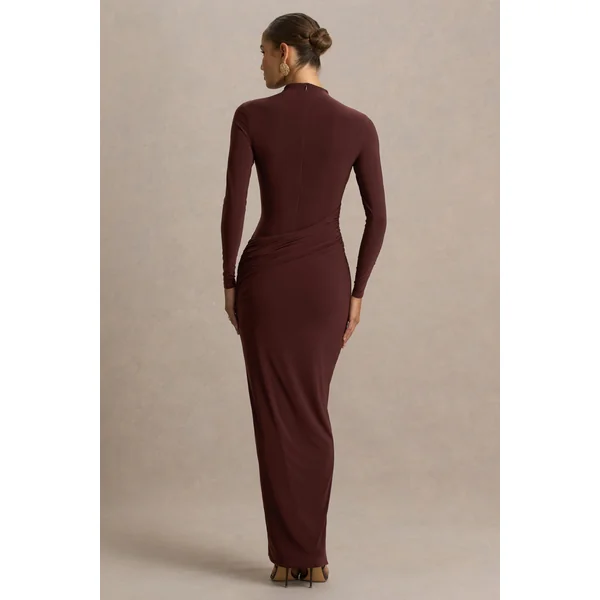 Zephyra | Robe longue marron drapée à col montant