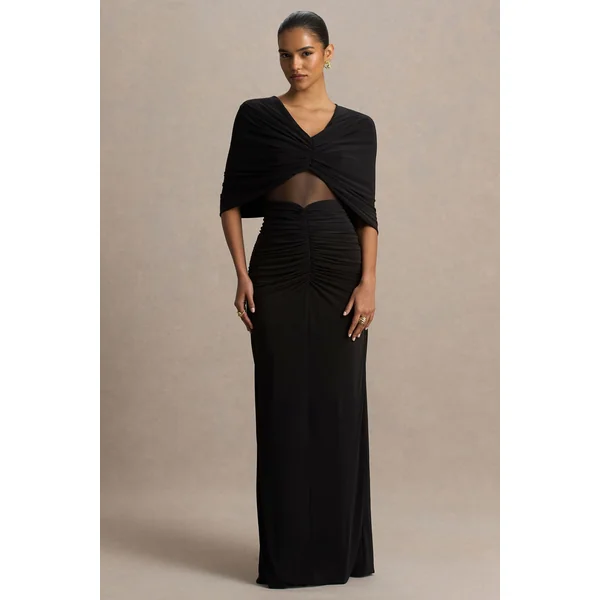 Zinnie | Robe longue noire à manches cape avec panneau en mesh