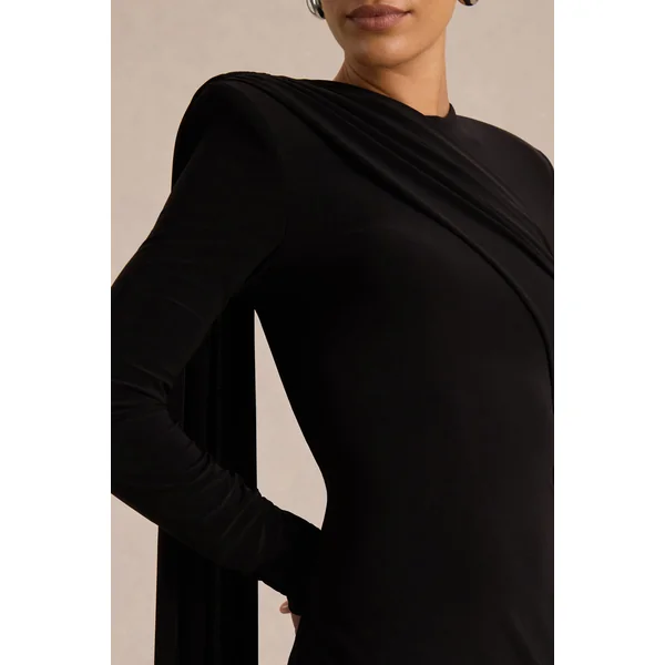 Zora | Mini-robe noire à col montant et drapé avec écharpe