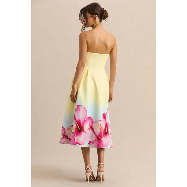 Zoya | Robe mi-longue jaune ombré à imprimé lys et encolure bandeau