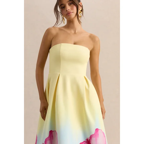 Zoya | Robe mi-longue jaune ombré à imprimé lys et encolure bandeau