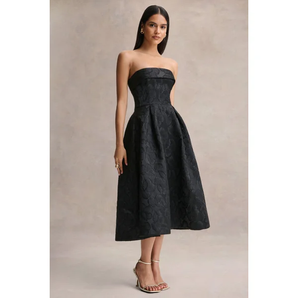 Zuma | Robe mi-longue bustier en jacquard métallisé noir