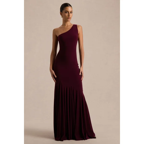 Zya | Robe longue sirène prune foncé à encolure asymétrique