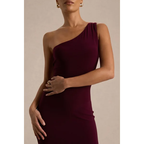Zya | Robe longue sirène prune foncé à encolure asymétrique