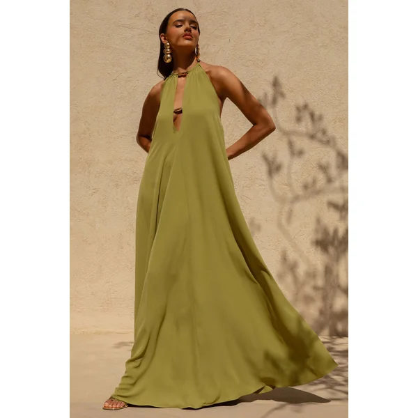Zyon | Robe longue verte à col montant avec découpes