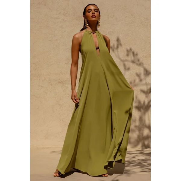 Zyon | Robe longue verte à col montant avec découpes