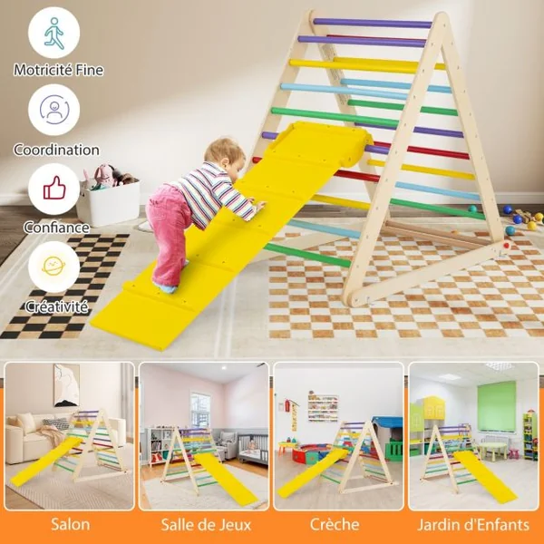 Échelle d’Escalade pour enfants Triangle d'Escalade pour Enfants de +3 Ans Capacité 60kg en Bois 120x71x110cm Coloré