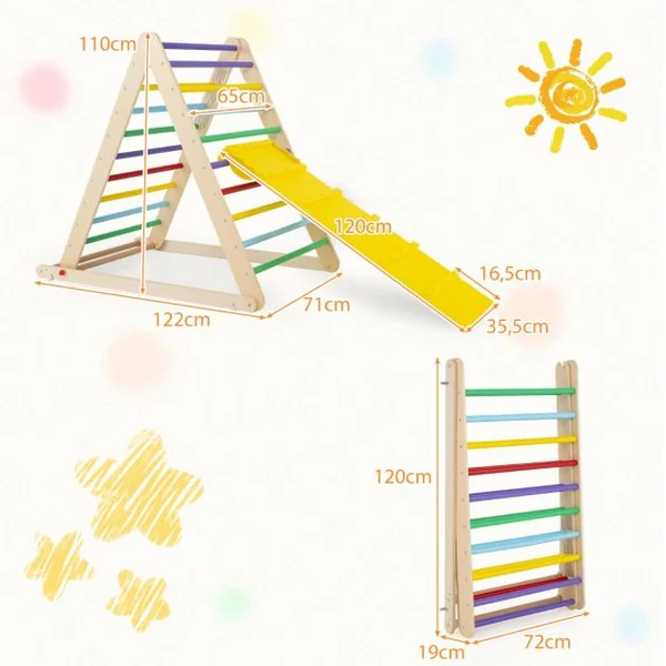 Échelle d’Escalade pour enfants Triangle d'Escalade pour Enfants de +3 Ans Capacité 60kg en Bois 120x71x110cm Coloré
